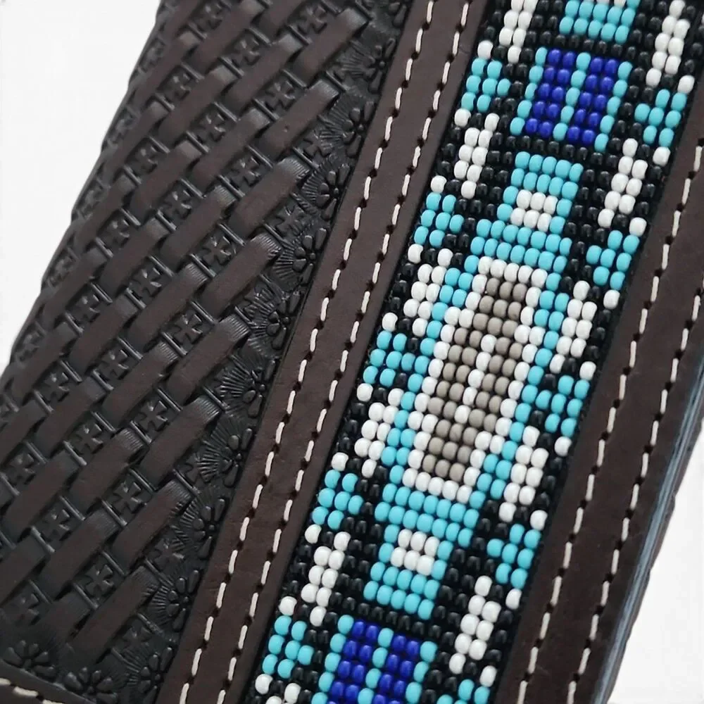 Ranger Belt Co H1052T Trifold Wallet Beaded Inlay Basketweave Leather Dark Brown